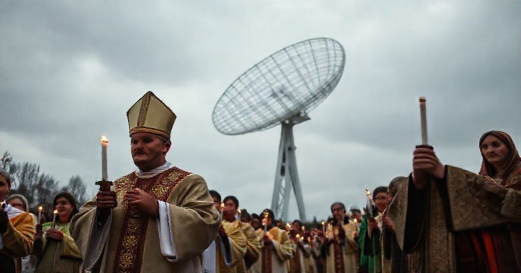 Procesja katolicka w Wilnie z modlącym się księży w szatach liturgicznych na tle instalacji radarowej - symbolizująca dychotomię między świeckimi rozwiązaniami a boskim powołaniem do uznania Chrystusa Króla.