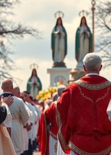 Procesja katolicka w duchu tradycji z modlitwami ku czci Wniebowzięcia Fotografia realistyczna katolickiego nabożeństwa z procesją i modlitwą w tradycyjnej liturgii, ukazująca czystość i pobożność wiernych w duchu katolickim.