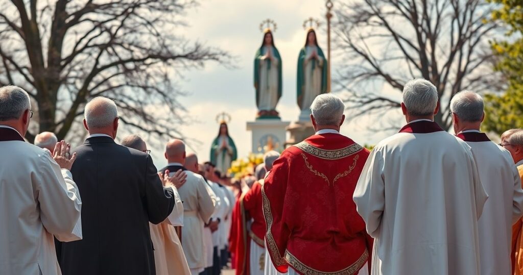Fotografia realistyczna katolickiego nabożeństwa z procesją i modlitwą w tradycyjnej liturgii, ukazująca czystość i pobożność wiernych w duchu katolickim.