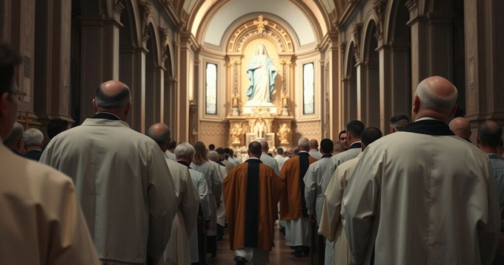 Realistyczne zdjęcie katolickiej procesji w świątyni, odzwierciedlające tradycyjną pobożność i wierność dogmatom Matki Bożej Wniebowziętej, bez surrealizmu czy symboliki