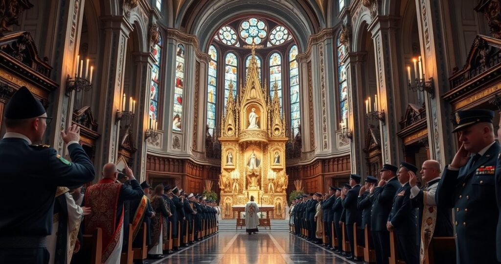 Religijna procesja w tradycyjnym kościele katolickim podczas uroczystości Wniebowzięcia NMP z wojskiem, odzwierciedlająca głęboki szacunek i wierność naukom Kościoła
