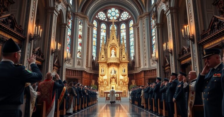 Religijna procesja w tradycyjnym kościele katolickim podczas uroczystości Wniebowzięcia NMP z wojskiem, odzwierciedlająca głęboki szacunek i wierność naukom Kościoła
