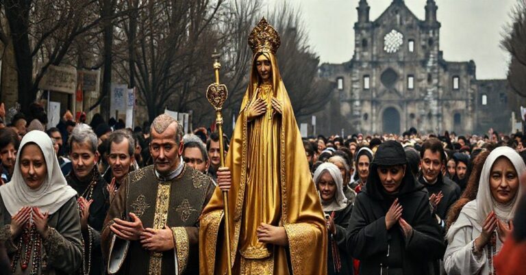 Procesja różańców Maryi w Sandomierzu pod przewodnictwem fałszywego biskupa, z błogosławioną figurą Maryi i ludźmi modlącymi bez nadprzyrodzonej łaski.