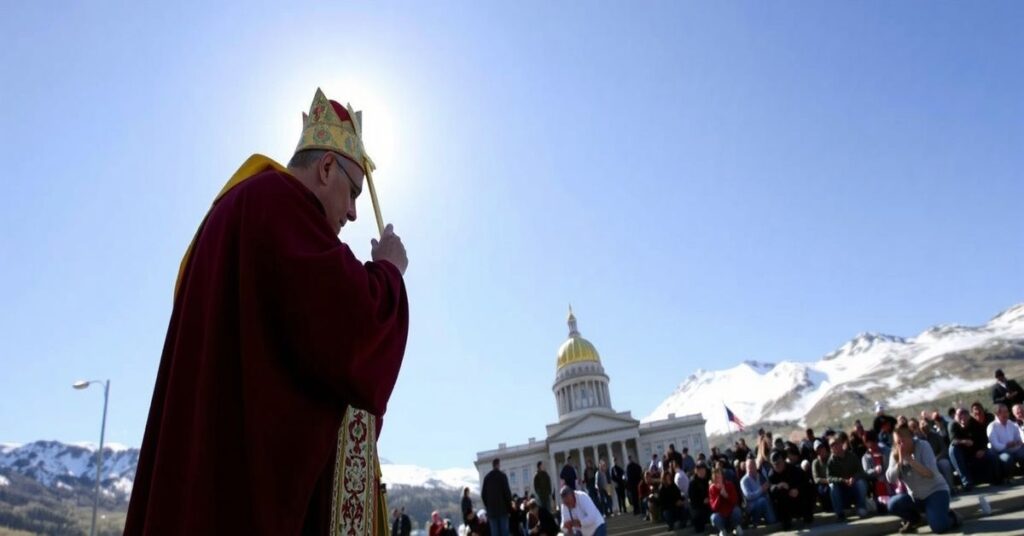 Procesja katolicka w Wyoming z monstrancją z Najświętszym Sakramentem przed Kapitolem Stanu podczas modlitwy za ochronę życia.