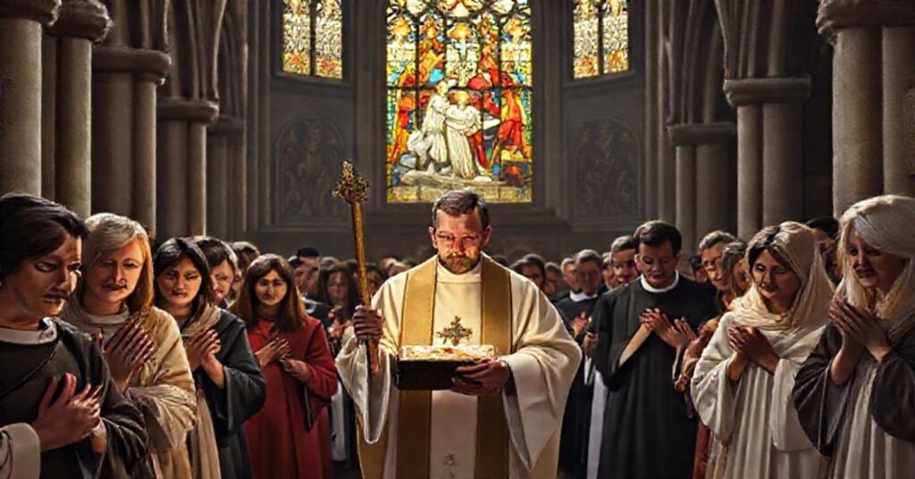 Tradycyjny katolicki obraz procesji z relikwiami męczennika, przy którym kapłan w sutannie prowadzi grupę wiernych w modlitwie w starożytnym kościele z witrażami przedstawiającymi męczeństwo św. Szczepana.