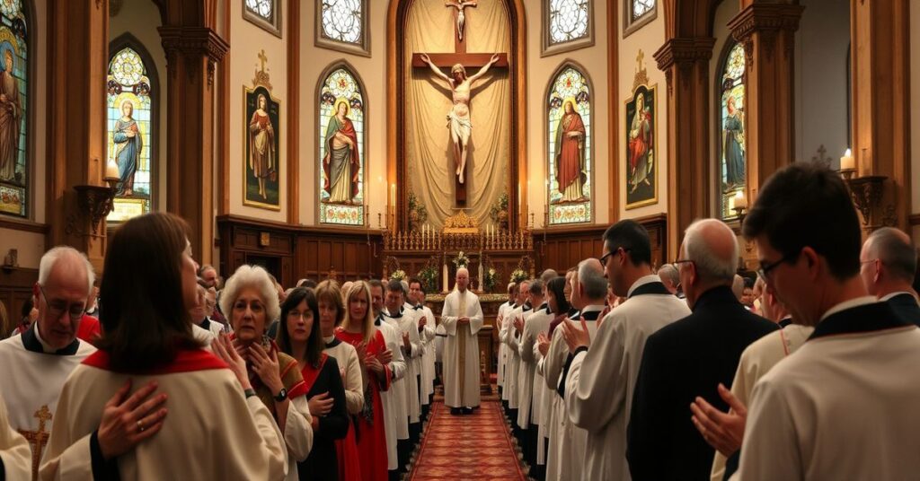 Procesja z relikwiami rodziny Ulmów i błogosławionego Michała McGivneya w tradycyjnym kościele katolickim