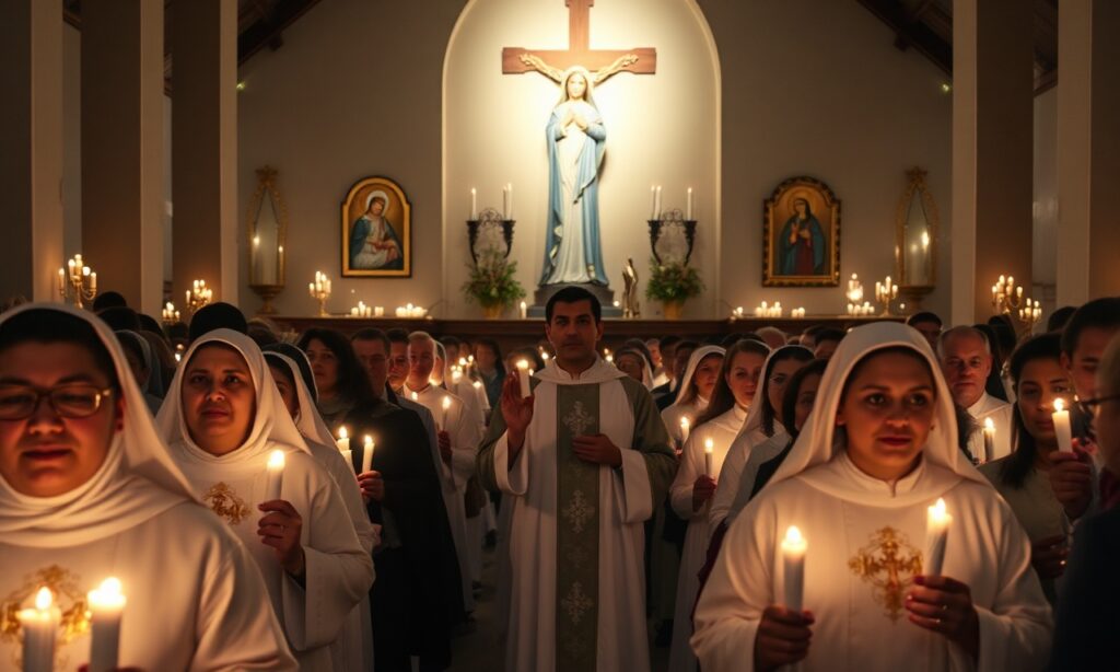 Procesja z świecami w kościele katolickim z figurą Matki Bożej z Fatimy