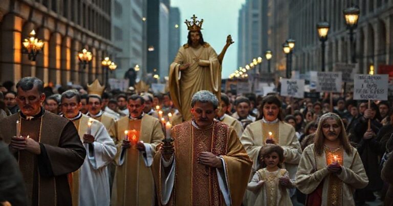 Procesja katolicka z udziałem księży i wiernych modlących się za Chrystusa Króla w kontrastie z sekularnymi przeciwnikami