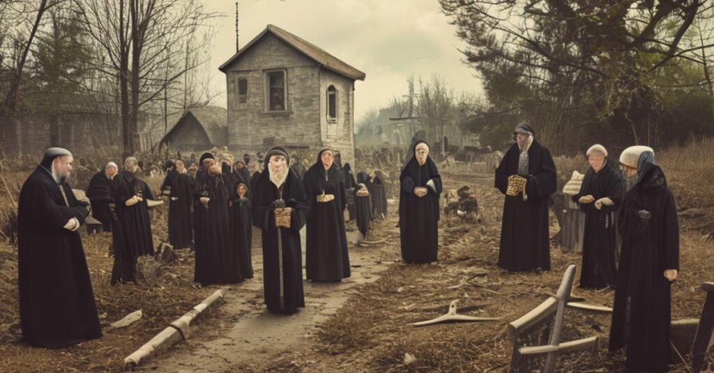 Procesja katolicka w ruinach kościoła na Ukrainie z relikwiami ofiar masakru wołyńskiego