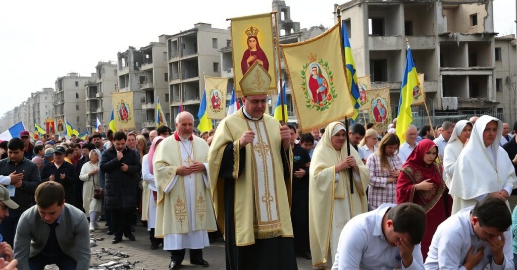 Procesja katolicka w zniszczonym ukraińskim mieście przy udziale kapłana w ornacie z wiernymi modlącymi się przed obrazem Matki Bożej Fatimskiej.