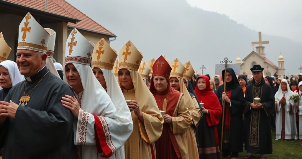 Fotografia realistyczna katolickiej procesji na Jasnej Górze z duchownymi i wiernymi w stroju ludowym, ukazująca autentyczną religijność i krytyczne spojrzenie na współczesne praktyki religijne