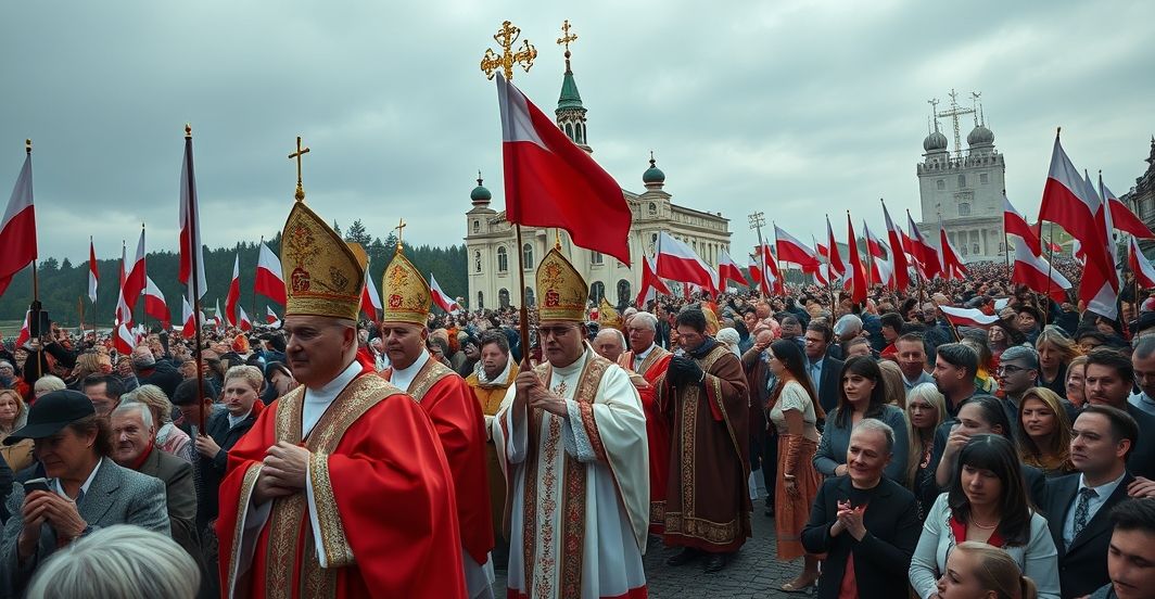Fotografia realistyczna procesji katolickiej na Jasnej Górze z krytycznym przesłaniem wobec modernistycznych tendencji