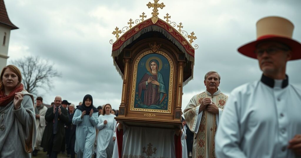 Fotografia realistycznego katolickiego procesji na Jasnej Górze, z wiernymi i obrazem Matki Bożej Częstochowskiej w kontekście tradycyjnej pobożności