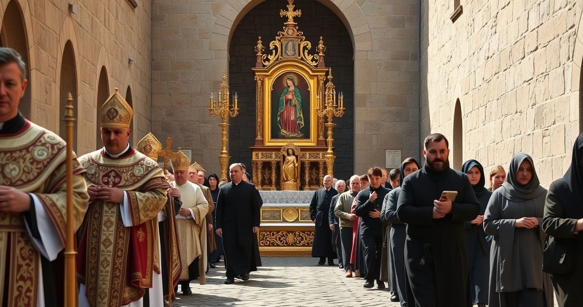 Fotografia realistyczna religijnej procesji na Jasnej Górze z kapłanami i pielgrzymami w tradycyjnych szatach, ukazująca powagę i kontrowersje wokół posoborowych zmian kultu