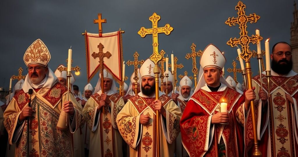 Fotografia realistyczna katolickich duchownych podczas procesji na Jasnej Górze, ukazująca tradycyjne nabożeństwo i duchową powagę, zgodnie z nauką Kościoła katolickiego