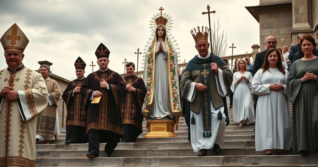 Rekonstrukcja tradycyjnej procesji na Jasnej Górze z kapłanami i wiernymi podczas uroczystości Wniebowzięcia, ukazująca głęboki szacunek i autentyczne katolickie oddanie
