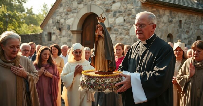 Obraz procesji katolickiej z kapłanem i wiernymi czczącymi skromną figurę Matki Bożej, ukazujący tradycyjną i pełną szacunku pobożność