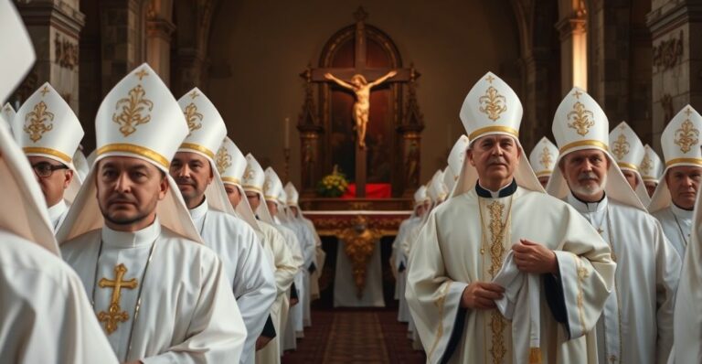 Szkolna, poważna scena katolickiej procesji upamiętniającej ofiary sowieckich zbrodni, z kapłanami, krzyżem i ołtarzem przed zabytkowym kościołem, ukazująca głęboki szacunek i wiarę.