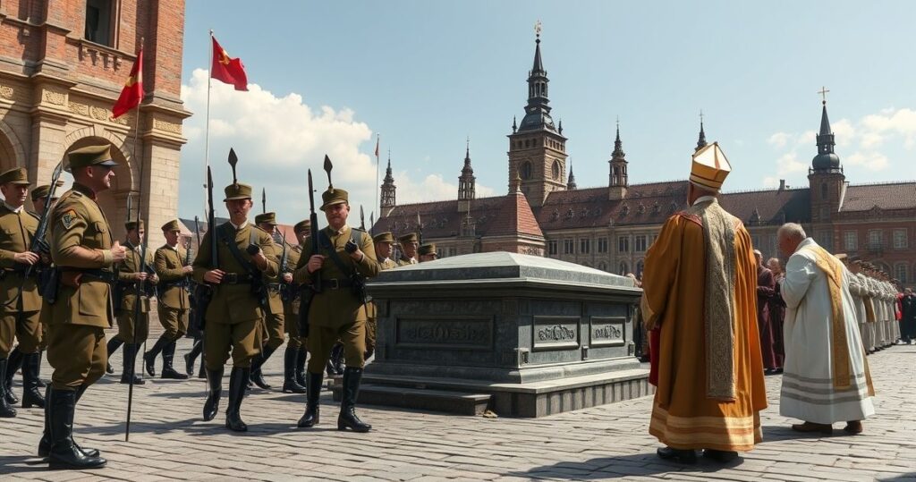 Uroczysta katolicka procesja przy grobie na Wawelu, z kapłanem i żołnierzami w tradycyjnych strojach, oddającymi cześć i modlącymi się w duchu szacunku i wiary.