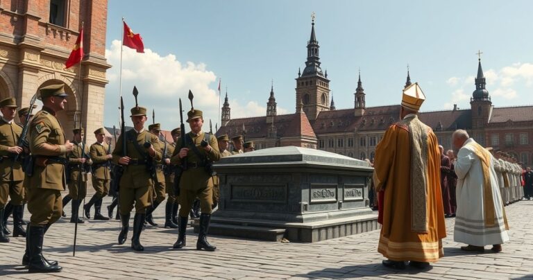 Uroczysta katolicka procesja przy grobie na Wawelu, z kapłanem i żołnierzami w tradycyjnych strojach, oddającymi cześć i modlącymi się w duchu szacunku i wiary.