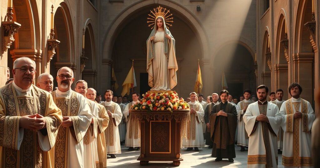 Fotografia realistyczna z procesji katolickiej wielbiącej Wniebowzięcie Maryi, z kapłanami w tradycyjnych szatach i obrazem Matki Bożej, oddająca ducha prawdziwej wiary katolickiej