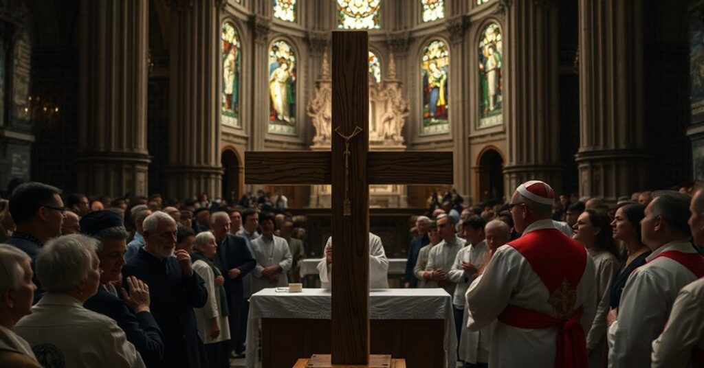Ciemna scena w bazylice San Babila w Mediolanie podczas mszy z drewnianym krzyżem sportowym na pierwszym planie.