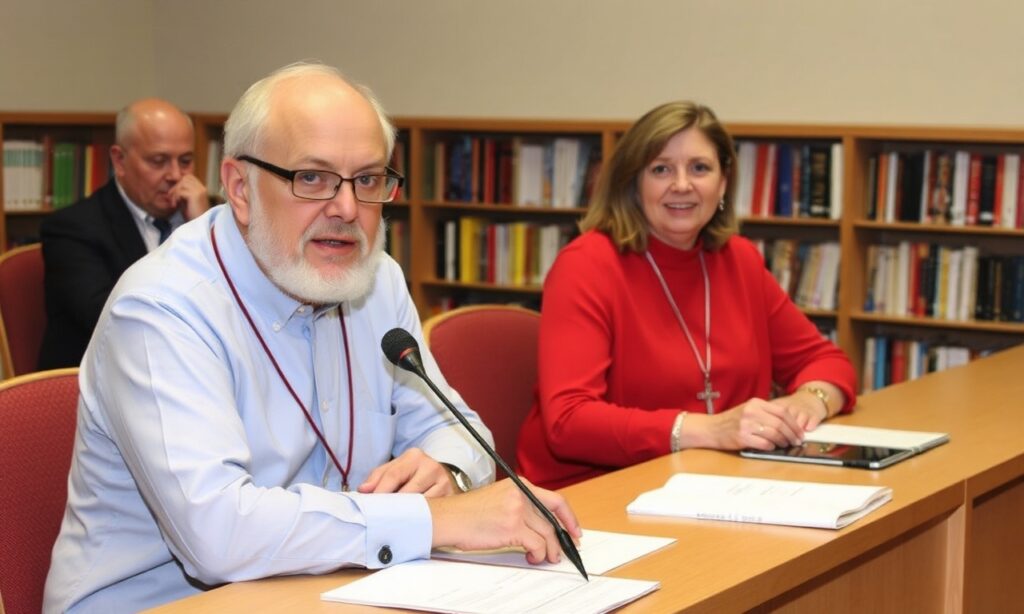 Prof. Krzysztof Koseła w tradycyjnym kościele z księgą Annuarium Statisticum Ecclesiae