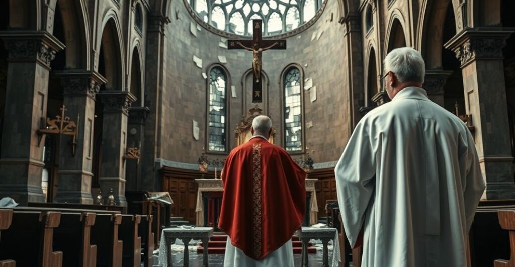 Koncepcyjny obraz katolickiego kapłana stojącego przed zniszczoną świątynią, symbolizujący powagę profanacji Krzyża i potrzebę wiernej wiary