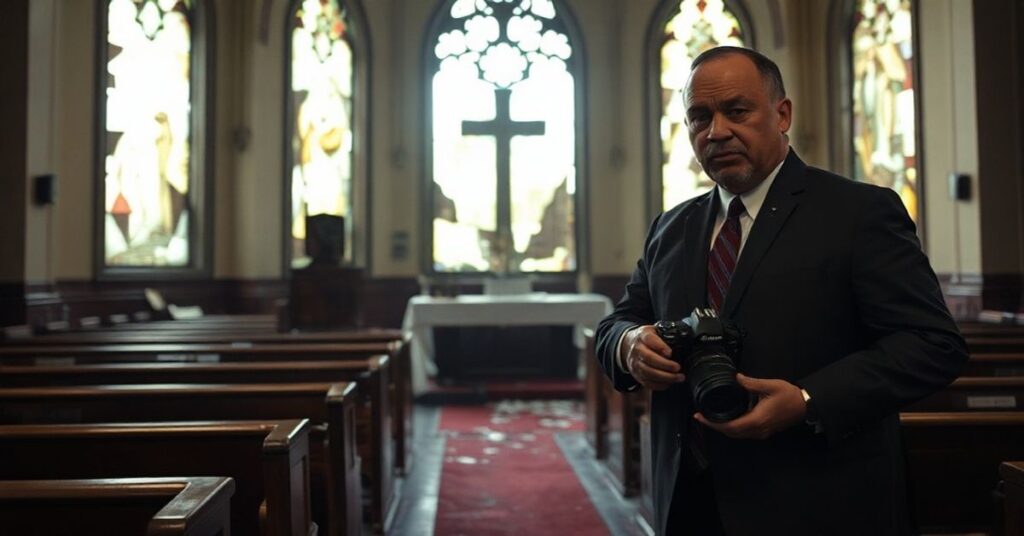 Zdjęcie przedstawiające profanację baptystycznej świątyni w Saint Paul. Na obrazie widoczne uszkodzone witraże i przewrócone ławki. Trzej sprawcy — Nekima Levy Armstrong, Chauntyll Louisa Allen i William Kelly — stają obok zniszczeń. Don Lemon trzyma kamerę.