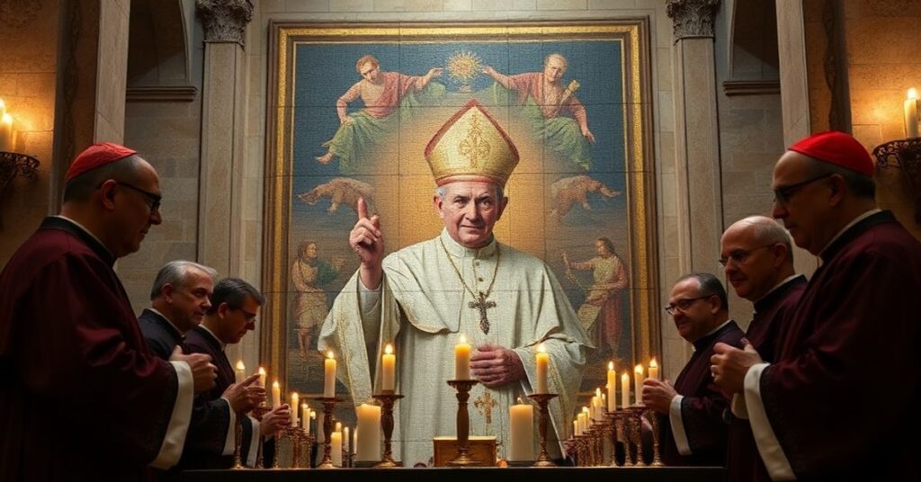 Uroczystość przedstawienia mozaiki z wizerunkiem antypapieża Leona XIV w Bazylice św. Pawła za Murami z udziałem modernistycznych pseudo-kardynałów.