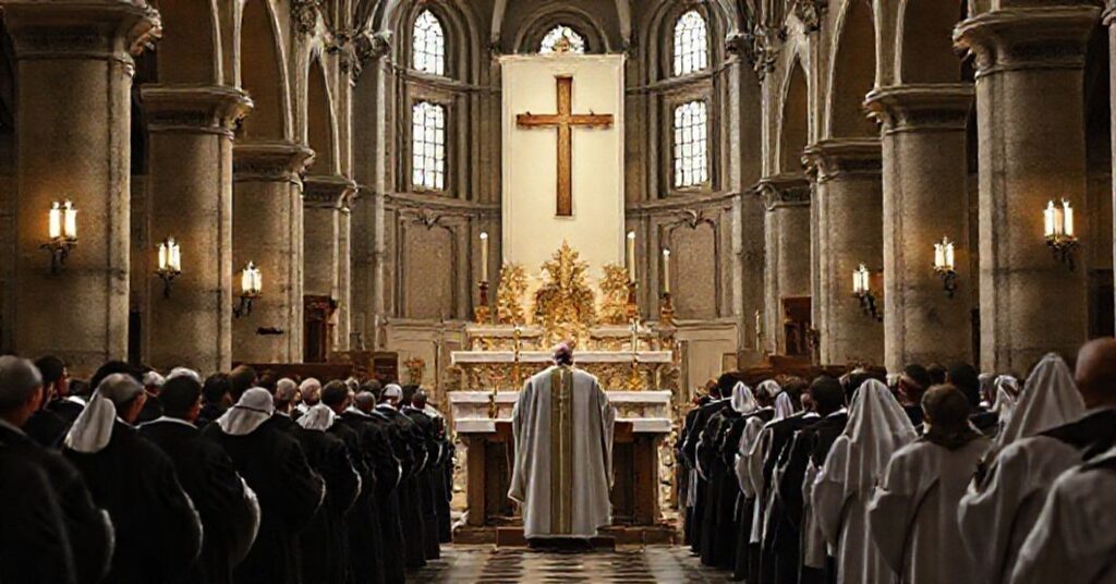 Zdjęcie przedstawiająca modernistyczną liturgię w bazylice św. Anzelma z fałszywym papieżem Bergoglio na kazańcu.