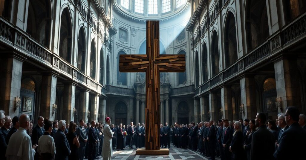 Wnętrze bazyliki św. Babilasa w Mediolanie podczas profanacyjnej ceremonii dla sportowców przed Igrzyskami Olimpijskimi.