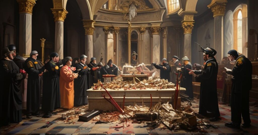 Profanacja ołtarza w Kaplicy Najświętszego Sakramentu w Bazylice św. Piotra, crucyfiks i monstrancja leżące na ziemi, wystawiona Hostia na podłodze.