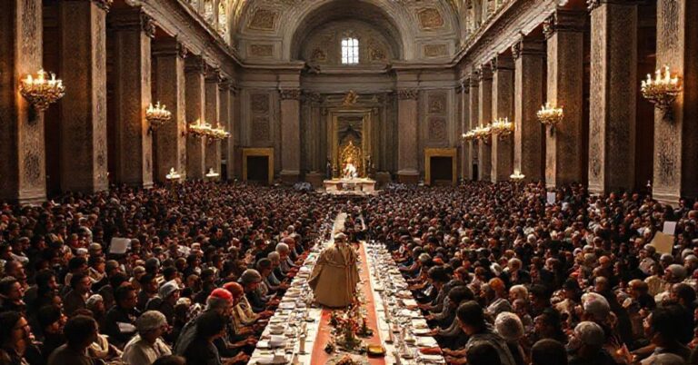 Grupowa kolacja dla ubogich w Bazylice św. Piotra z prezentacją 'Leona XIV' i instrumentalnym wykorzystaniem relikwii.
