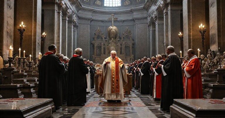 Scena w bazylice św. Piotra przedstawiająca profanację mszy za modernistycznego uzurpatora Józefa Ratzingera pod przewodnictwem książęcych kardynałów Müller i Koch.