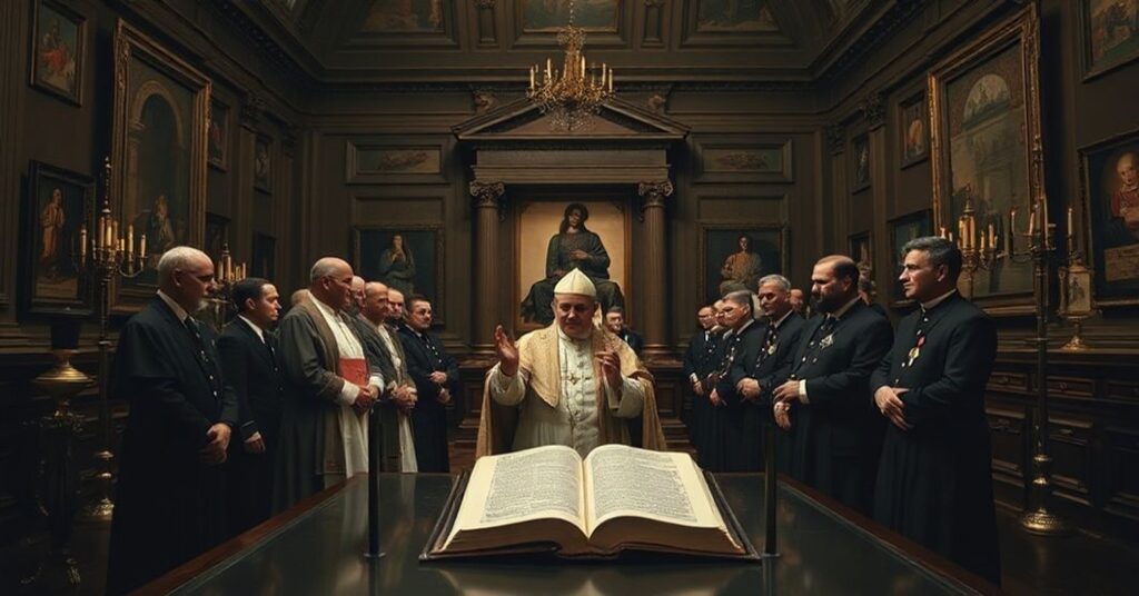 Obrądek biblijnej ilustracji w Senacie Włoskim z fałszywym papieżem i urzędnikami państwowymi w tradycyjnym katolickim ujęciu.