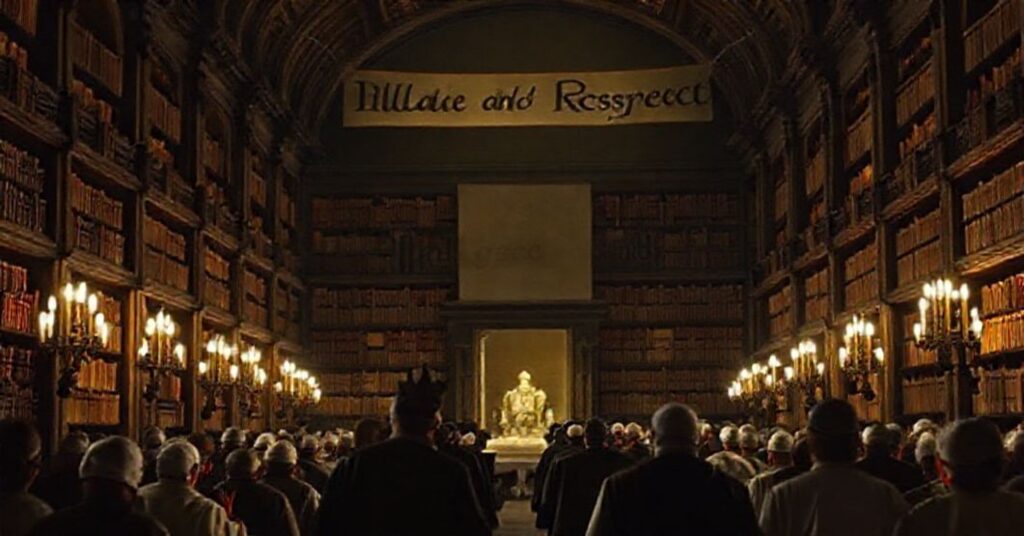 Scena w Bibliotece Watykańskiej z wyznawcami islamu modlącymi się w miejscu poświęconym tradycyjnemu katolicyzmowi.