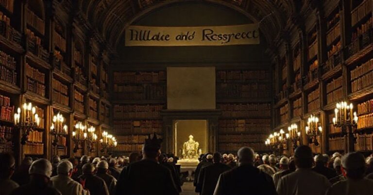 Scena w Bibliotece Watykańskiej z wyznawcami islamu modlącymi się w miejscu poświęconym tradycyjnemu katolicyzmowi.