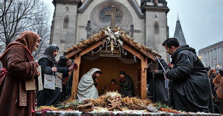 Scena przedstawiająca profanację Bozego Narodzenia w Berlinie z perspektywy katolickiej. Pokazuje tradycyjną szopkę bożonarodzeniową niszczoną przez współczesnych aktywistów.
