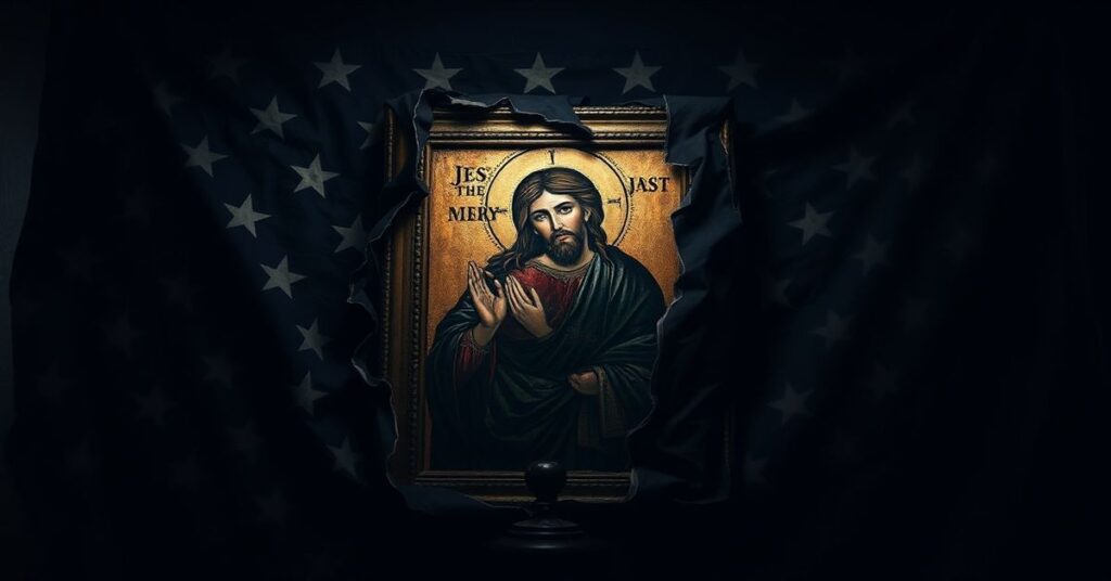Ikona Chrystusa Uzdrowiciela otoczona zniszczoną flagą amerykańską w ciemnym tle, symbolizujące profanację świętego dla celów politycznych.