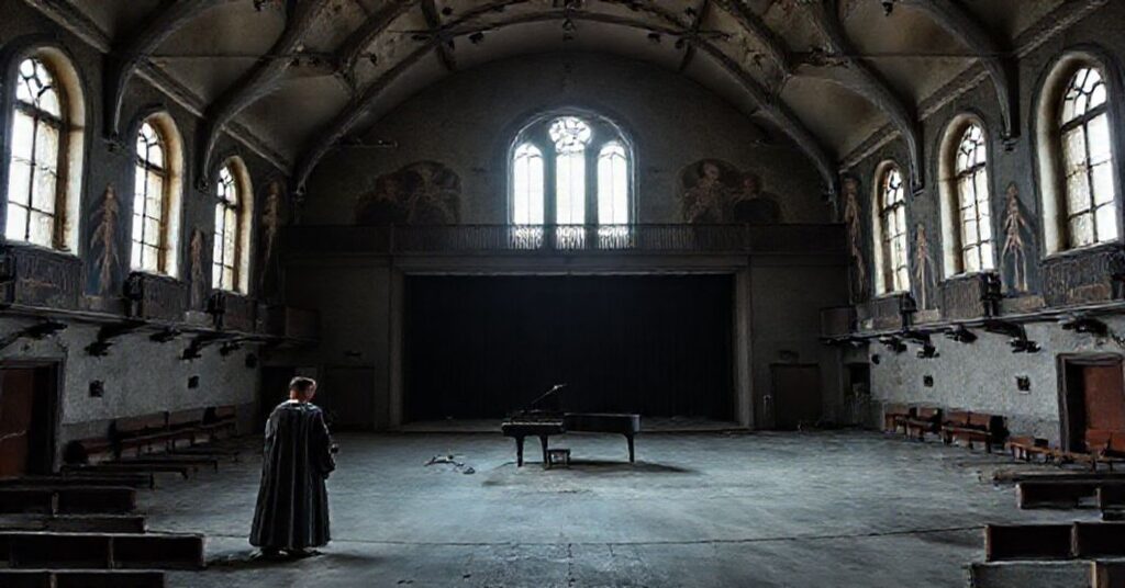 Puściutka opuszczone atrium klasztorne w Piotrkowie Trybunalskim przekształcone w scenę koncertową z fortepianem na centrum, otoczone szałasami religijnymi i słabym światłem dziennym.