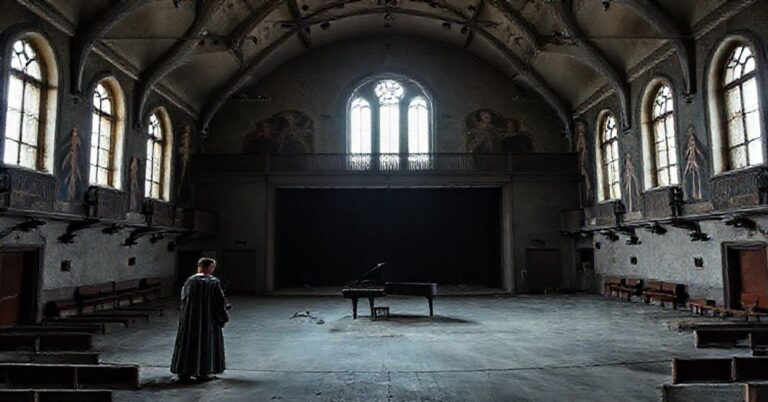Puściutka opuszczone atrium klasztorne w Piotrkowie Trybunalskim przekształcone w scenę koncertową z fortepianem na centrum, otoczone szałasami religijnymi i słabym światłem dziennym.