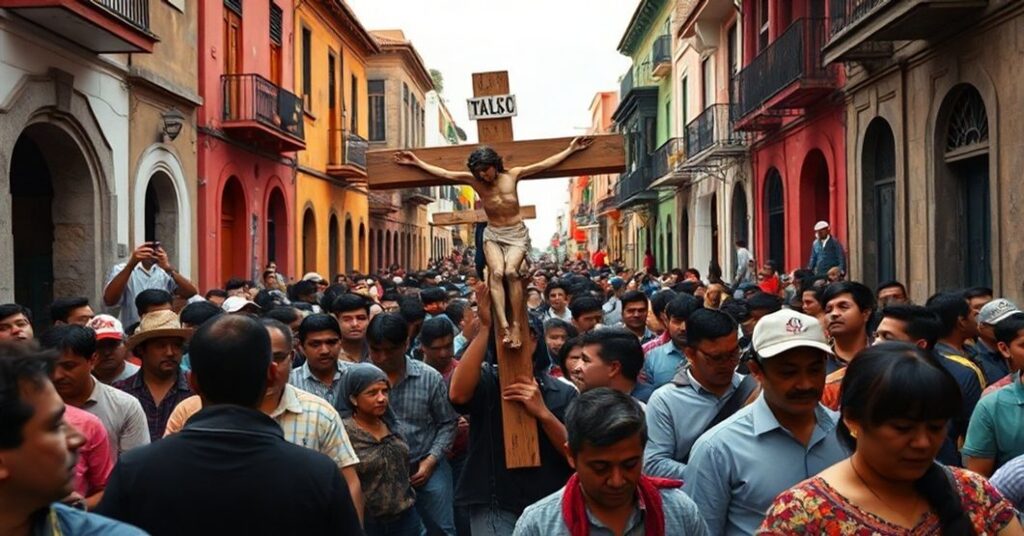 Reprezentacja Drogi Krzyżowej w Iztapalapa jako przykład profanacji religii przez UNESCO, z udziałem Edaly Quiroz i Juana Pablo Serrano.