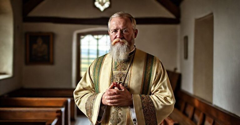 Paczka tradycyjnego kapłana w stroju liturgicznym, symbolizująca jego święte powołanie i profanację jego dziedzictwa przez świeckie władze
