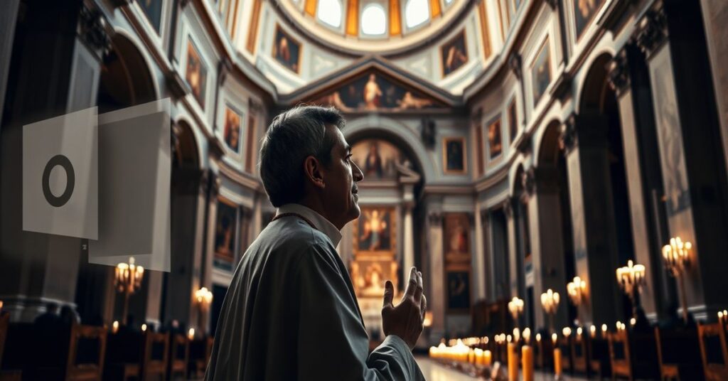 Wnętrze bazyliki św. Piotra z rzeźbami i freskami Michała Anioła, przykryte elementami interfejsu Microsoft Office.