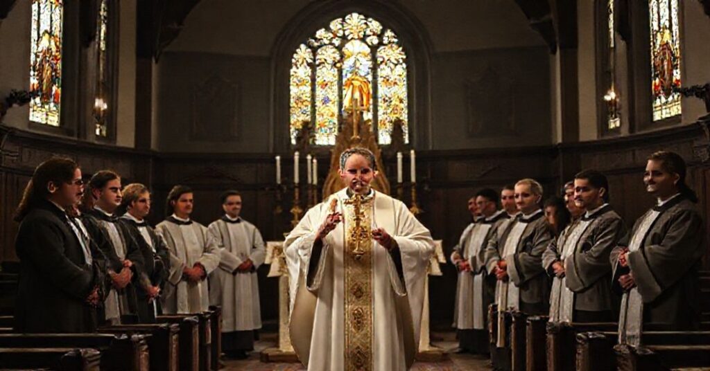 Tradycyjny wnętrze kościoła z ołtarzem głównym i księdzem trzymającym monstrancję. W tle stoją 12 laików w zwykłych ubraniach, przygotowujących się do rozdawania komunii.
