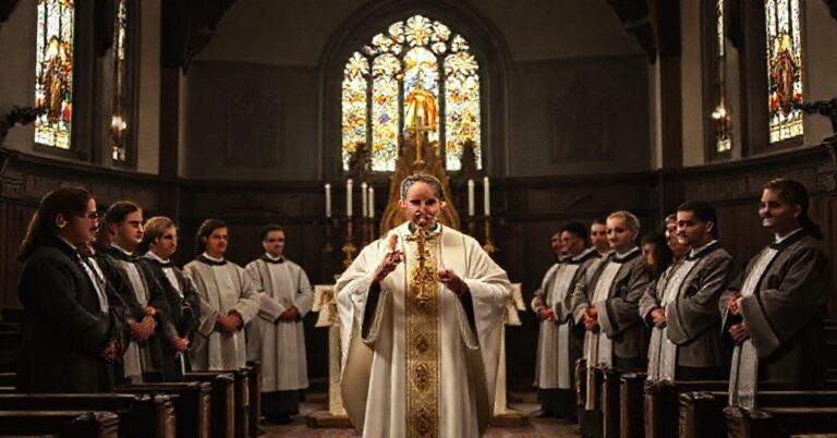 Tradycyjny wnętrze kościoła z ołtarzem głównym i księdzem trzymającym monstrancję. W tle stoją 12 laików w zwykłych ubraniach, przygotowujących się do rozdawania komunii.