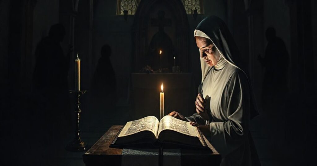 Kapelanka katolicka z otwartą biblią na ołtarzu, w tle cienie mrocznych postaci symbolizujących okultyzm, zakłócający święte elementy. Porażona zakonnica w tradycyjnym habicie modli się w świetle pojedynczej świecy, kontrastując z ciemnością, podczas gdy blado widoczna postać przypominająca wampira wisząca nad Najświętszym Sakramentem.