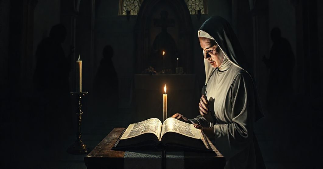 Kapelanka katolicka z otwartą biblią na ołtarzu, w tle cienie mrocznych postaci symbolizujących okultyzm, zakłócający święte elementy. Porażona zakonnica w tradycyjnym habicie modli się w świetle pojedynczej świecy, kontrastując z ciemnością, podczas gdy blado widoczna postać przypominająca wampira wisząca nad Najświętszym Sakramentem.