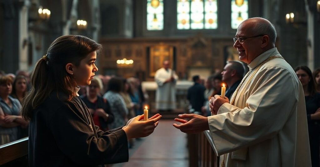 Szczerze katolicki obraz przedstawiający młodzieńca z zespołem Downa rozdającego Komunię Świętą podczas mszy świętej w posoborowym stylu. Scena jest poważna i powściągliwa, ale bez odpowiedniego przestrzegania sakramentalności i tradycyjnej reverencji.